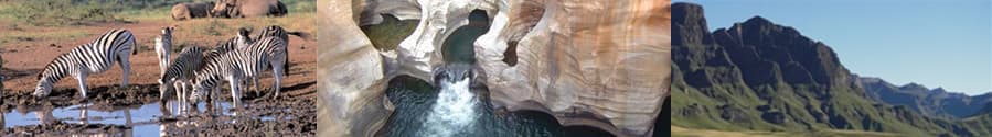 South Africa: zebra at a waterhole, the Blyde River potholes and the Drakensberg mountains